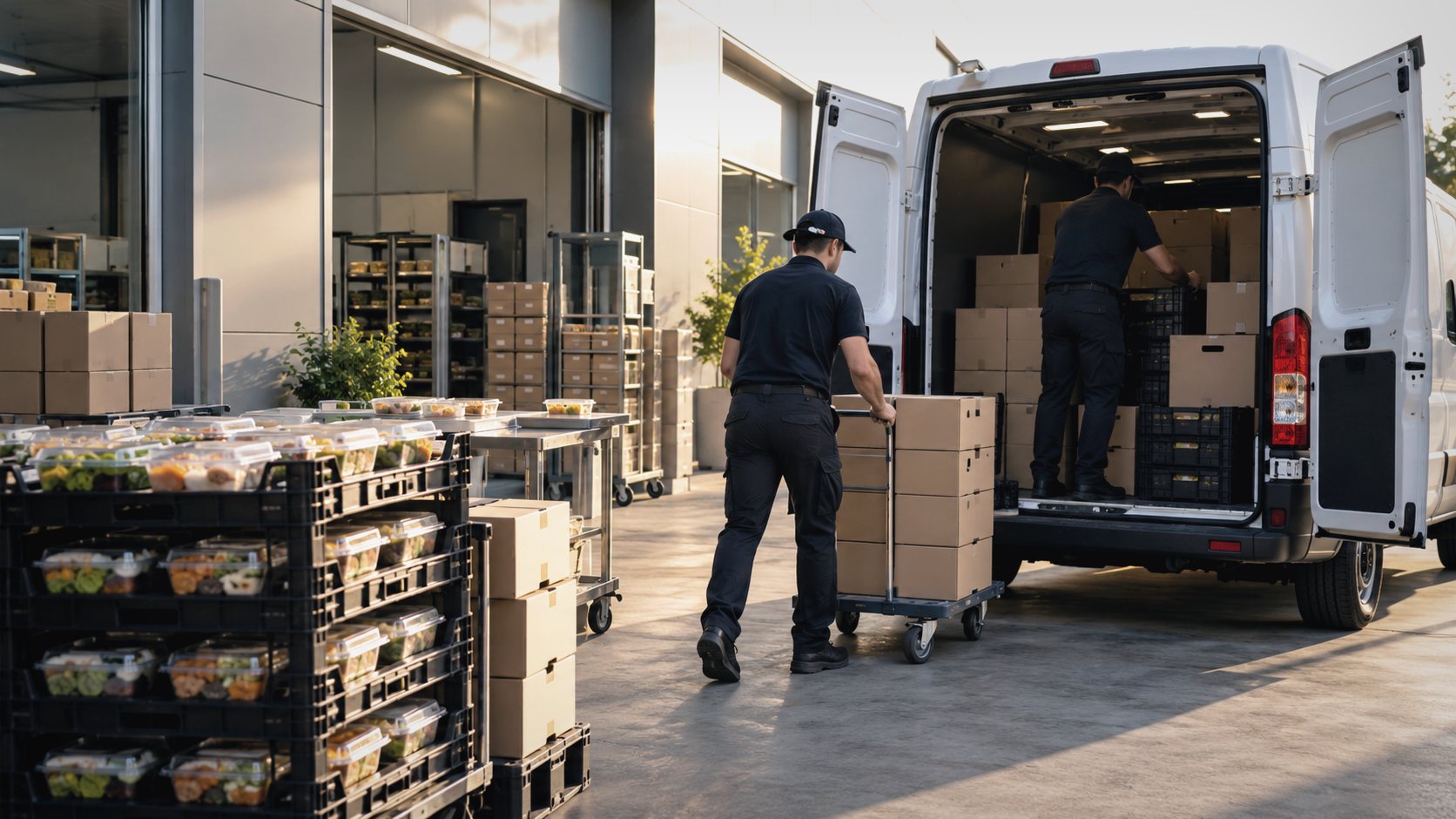 Meal boxes being loaded into a delivery vehicle at a dispatch bay.