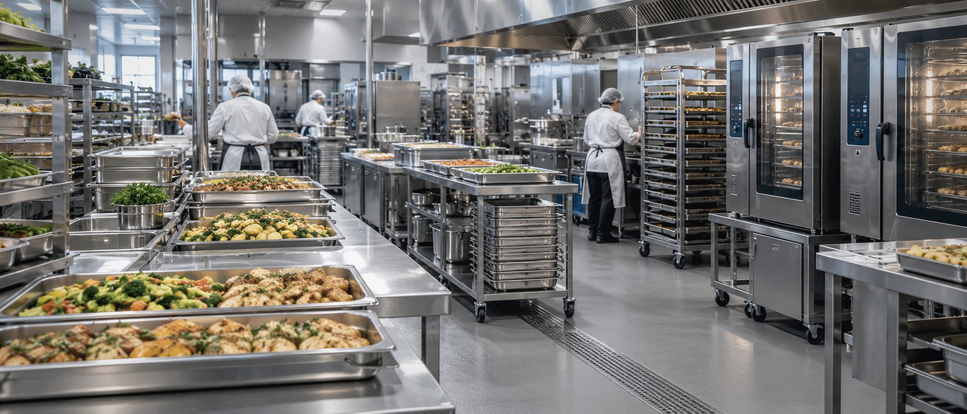 A professional high-volume catering kitchen during service.