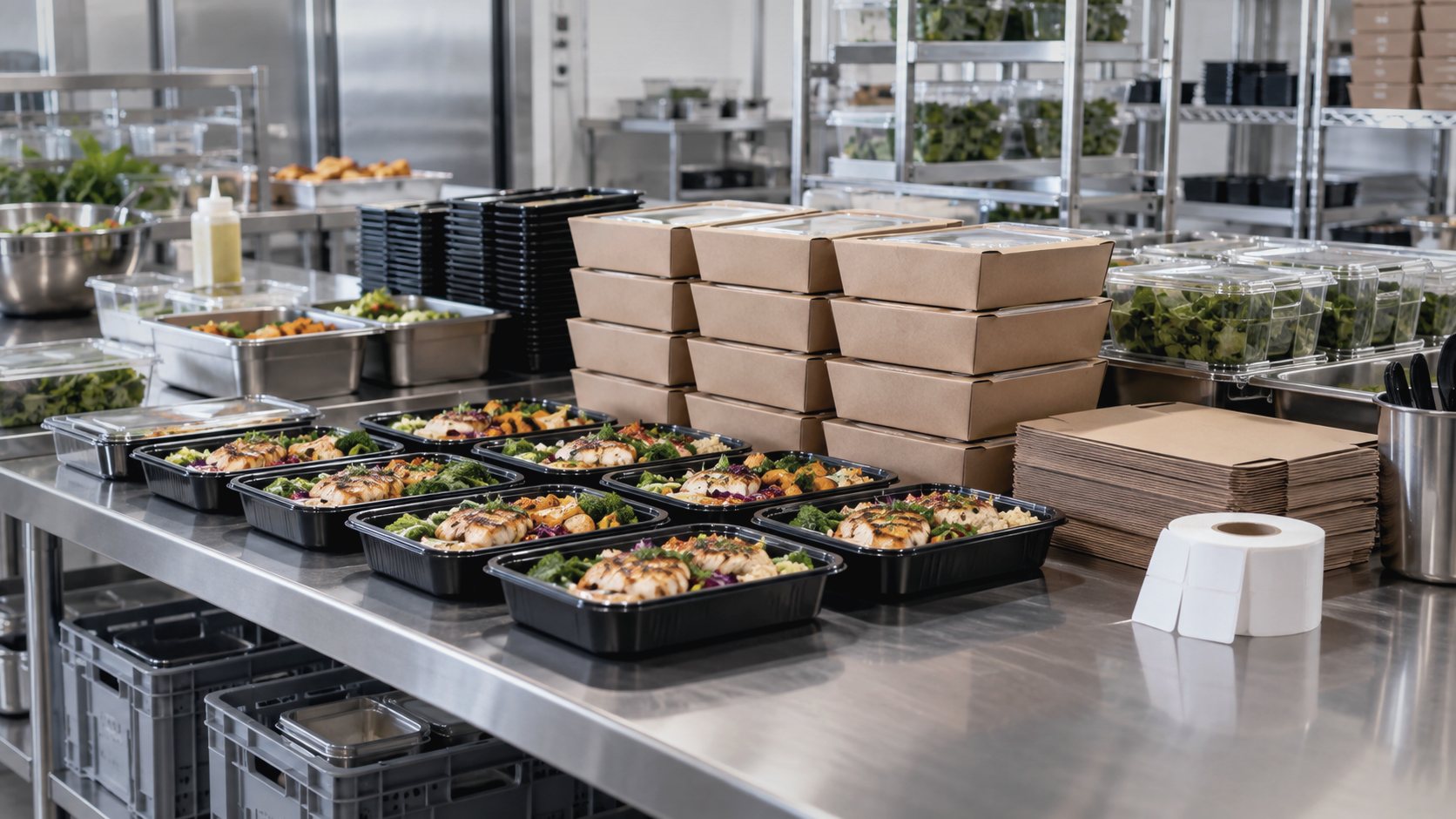 School meal trays and boxes being prepared in a packing area.